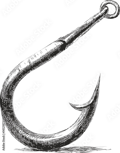 Large detailed sketch of a fishing hook in black and white, symbol of fishing hobby. Vector illustration.