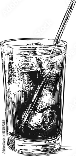 Detailed sketch of a soda glass with ice cubes and a straw. Vector illustration.