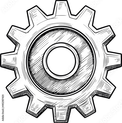 Detailed ink drawing of a gear with a central hole, industrial concept. Vector illustration.
