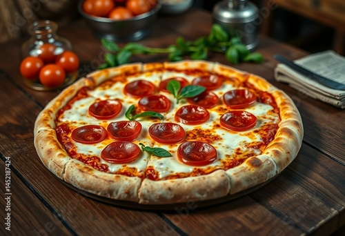 Wallpaper Mural Crispy pizza crust, melted mozzarella, pepperoni slices, rustic wooden table, warm atmosphere, slight blur Torontodigital.ca