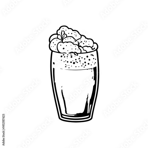 Stylized beverage with generous foamy topping illustrated with linear simplicity