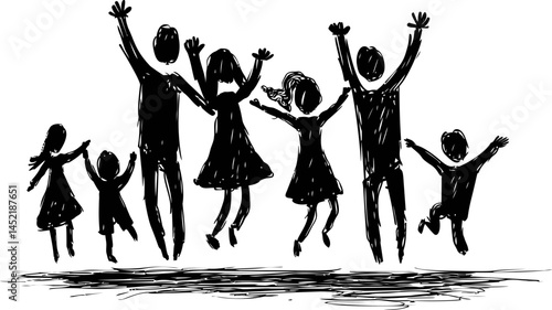Happy family silhouette jumping with joy in black and white illustration. Vector illustration.