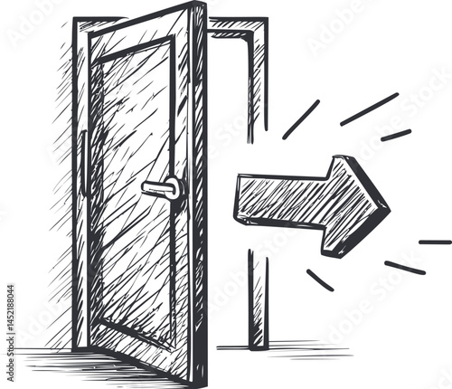 Open door with an arrow pointing outwards and sketched lines around. Vector illustration.