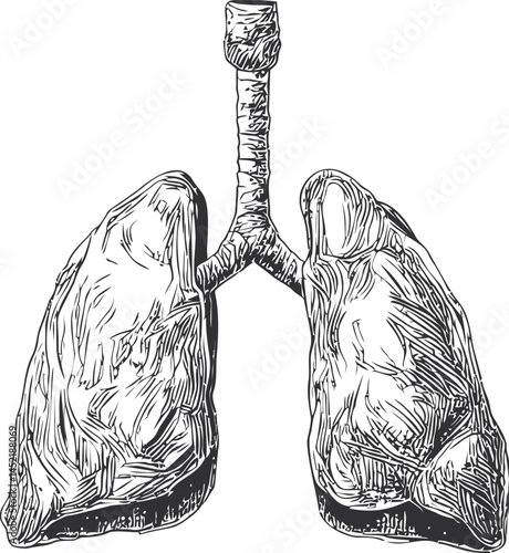 Monochrome sketch of human lungs with trachea in detailed line art style. Vector illustration.