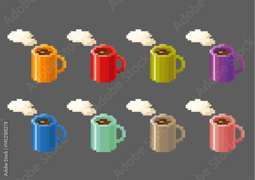 ドット絵のカラフルなコーヒーマグアイコンセット
