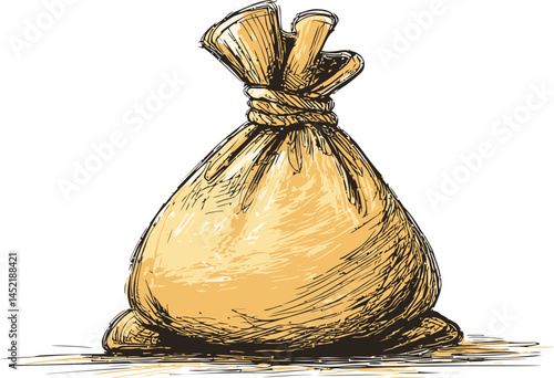 Sketch of a tied brown sack on the ground with detailed shading highlights. Vector illustration.