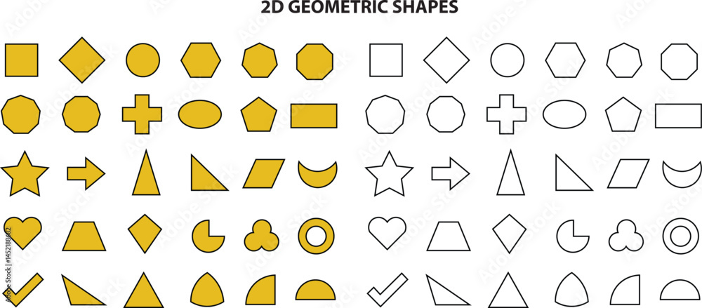 Basic geometric silhouette and line empty. geometrical shapes icons set on white background.  outline flat shapes. Educational geometry vector diagram for kids.