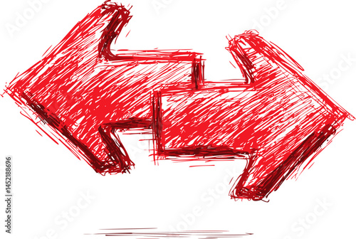 Red sketch of opposing arrows with bold strokes and abstract style. Vector illustration.