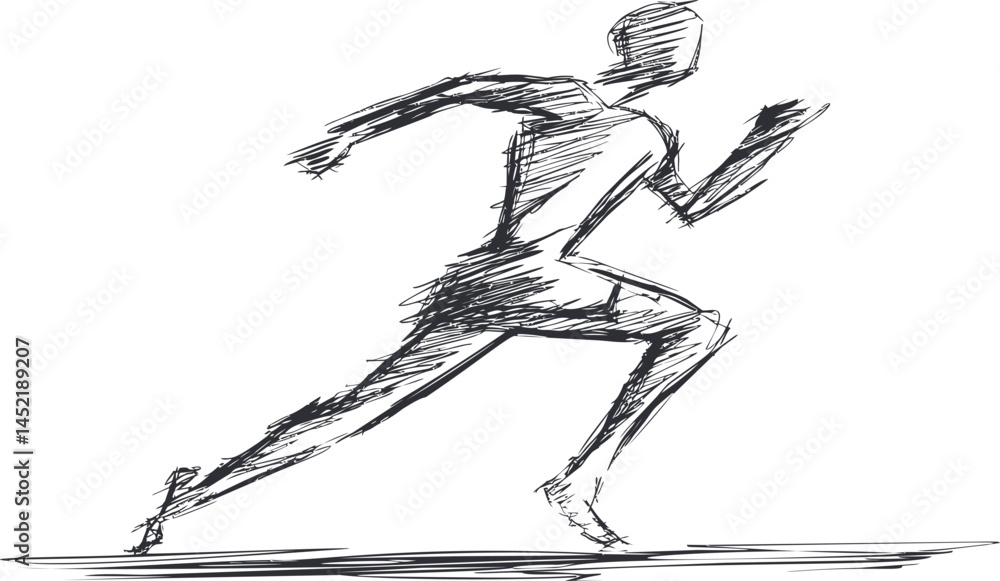 Fototapeta premium Dynamic sketch of a running figure in black and white, shadow suggests movement. Vector illustration.