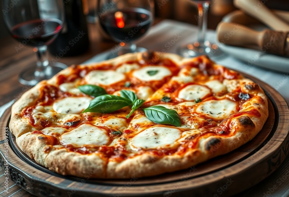 A delicious Quattro Formaggi pizza with melted cheese, fresh basil, and a crispy crust, served on a rustic wooden plate. A delicious Quattro Formaggi pizza with melted cheese, fresh basil, and a crispy crust, served on a rustic wooden plate.