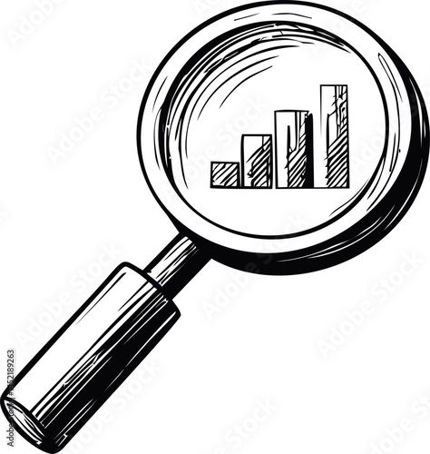 Magnifying glass focusing on bar chart in black and white sketch style. Vector illustration.