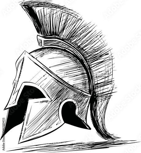 Ancient greek spartan helmet sketch with plume and fierce lines. Vector illustration.