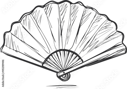 Illustration of a traditional hand fan in a sketch style with detailed lines. Vector illustration.