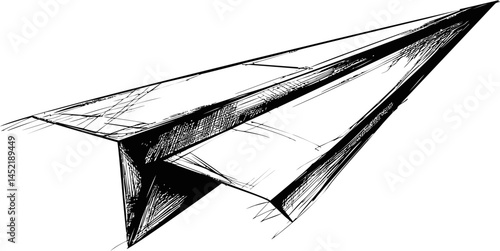 Sketch of a paper airplane in black and white with intricate shading details. Vector illustration.