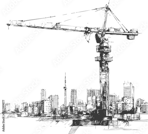Black and white sketch of a crane and city skyline with urban infrastructure. Vector illustration.