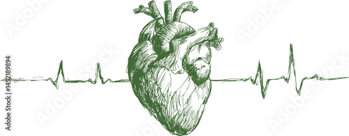 Green anatomical heart illustration with electrocardiogram line drawing. Vector illustration.