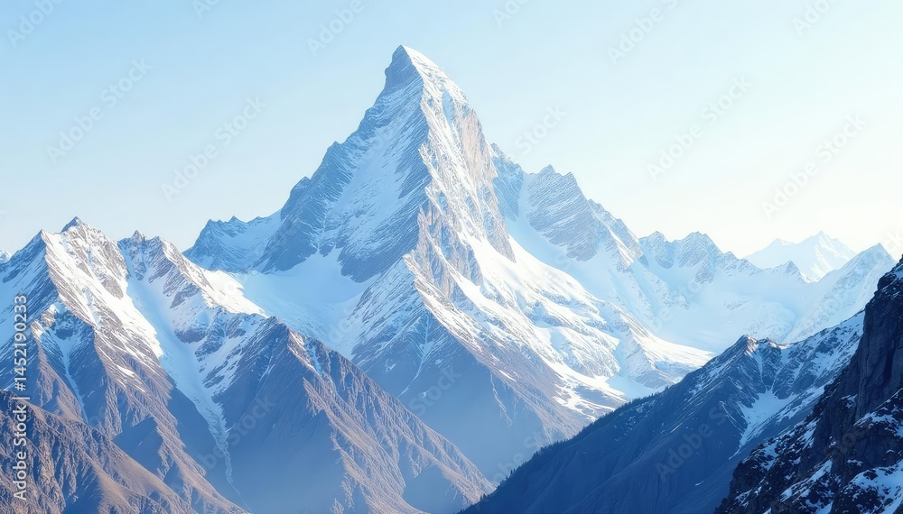 Fototapeta premium Snow-covered mountain peak, pristine white sky, clouds, stock photo, backdrop
