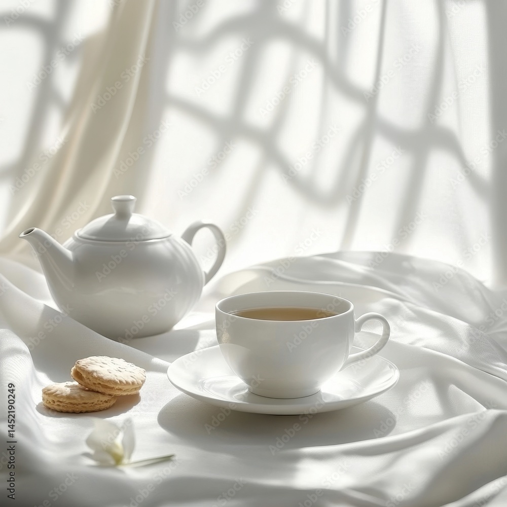 Elegant white tea cup and teapot set adorned with biscuits, illuminated by soft window light on a serene afternoon Elegant white tea cup and teapot set adorned with biscuits, illuminated by soft window light on a serene afternoon
