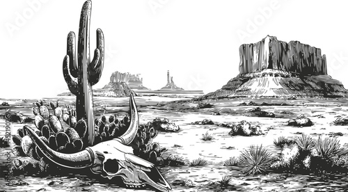 Desert landscape with cactus and animal skull in black and white illustration. Vector illustration.