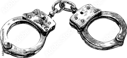 Illustration of metal handcuffs connected by a chain in sketch style. Vector illustration.