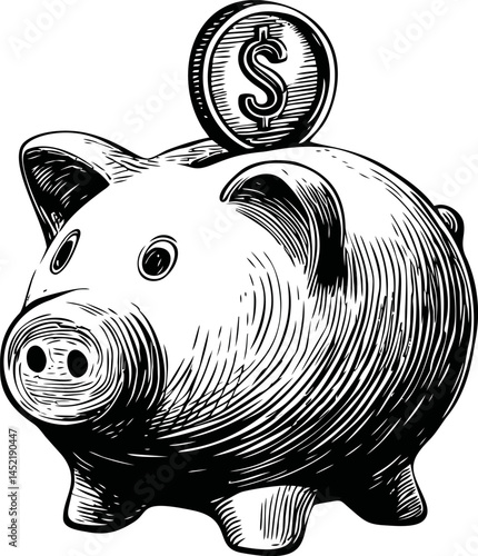 Black and white illustration of piggy bank with coin symbolizing savings. Vector illustration.