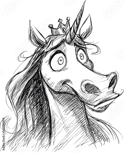 Surprised unicorn sketch with a crown and wide eyes. Vector illustration.