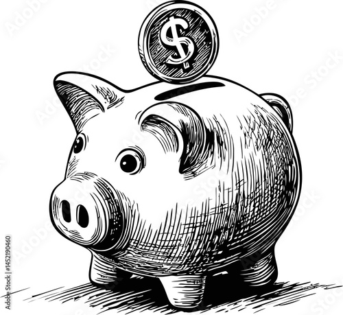 Piggy bank with coin illustration in black and white, concept of saving money. Vector illustration.