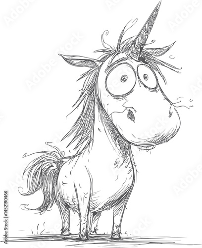 Sketch of a comical wide-eyed unicorn with unkempt mane. Vector illustration.