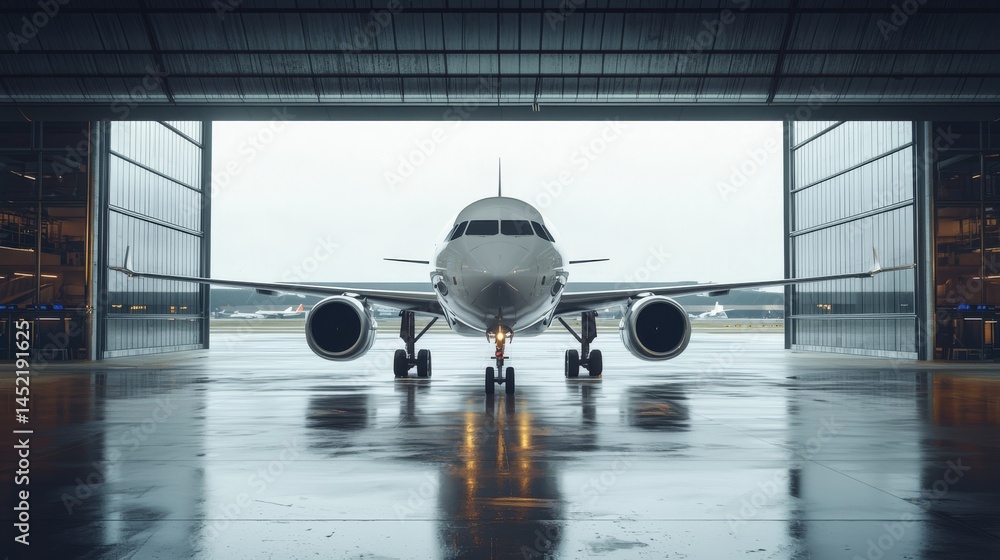 A modern aircraft positioned in a hangar ready for departure on a rainy day. A modern aircraft positioned in a hangar ready for departure on a rainy day.
