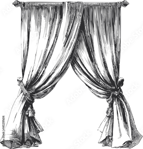 Elegant vintage sketch of draped curtains in black and white illustration. Vector illustration.
