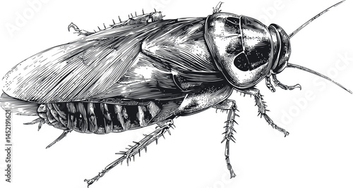 Detailed black and white illustration of a cockroach, realistic insect sketch. Vector illustration.