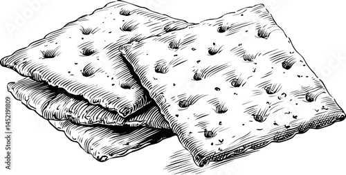 Detailed sketch of three stacked crackers with textured surface illustration. Vector illustration.