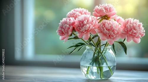 Fototapeta Naklejka Na Ścianę i Meble -  Elegant pink peonies in a glass vase on a