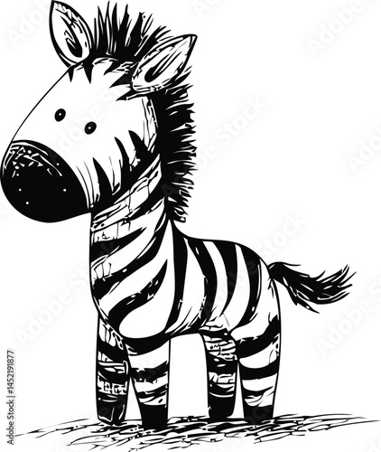Cute cartoon zebra in black and white with big eyes and fluffy mane. Vector illustration.