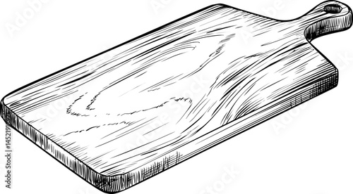 Hand-drawn illustration of a rustic wooden cutting board with handle. Vector illustration.
