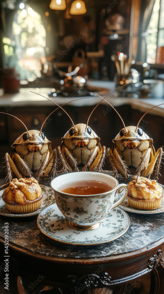 Fototapeta premium In the heart of a charming kitchen, roaches gather around a delicate teacup, relishing crumbs and treats. Their playful antics highlight the whimsical side of pest encounters and coexistence
