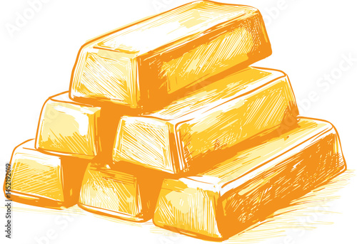 Illustration of stacked gold bars in bright yellow tones, concept of wealth. Vector illustration.