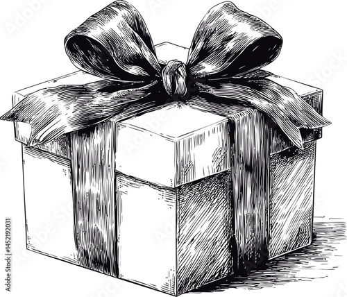 Detailed sketch of a gift box wrapped with a large ribbon and bow in ink style. Vector illustration.