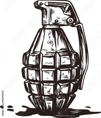 Detailed black and white illustration of a classic hand grenade sketch. Vector illustration.