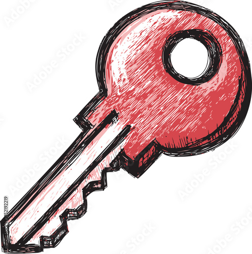 Red sketched key, concept of security and access illustration. Vector illustration.