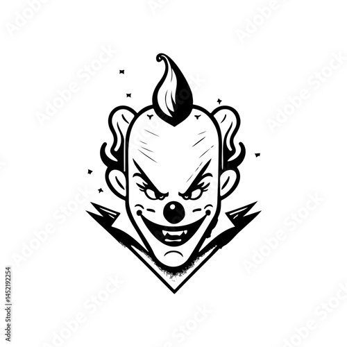 Eerie monochromatic clown emblem evokes unsettling carnival nightmares and dread