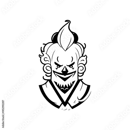 Menacing clown visage rendered in stark monochrome, capturing a sinister persona