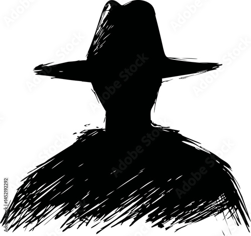 Silhouette of a mysterious person wearing a wide-brimmed hat in black and white. Vector illustration.