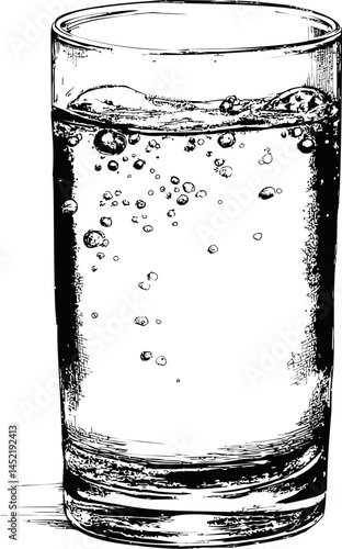 Black and white drawing of a glass with fizzing bubbles in water, sketch art. Vector illustration.