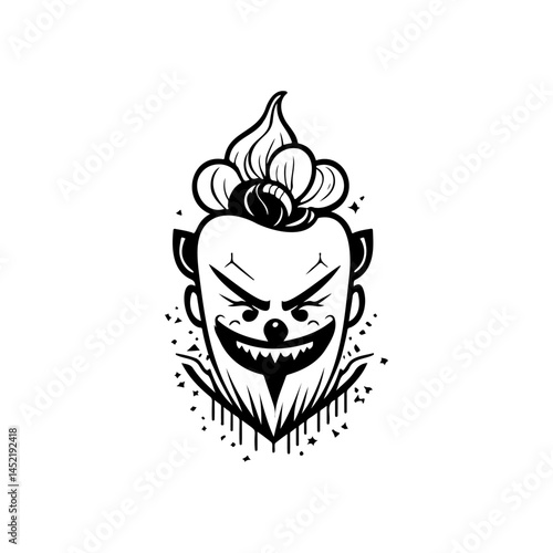 Monochrome depiction of a menacing clown character with exaggerated features