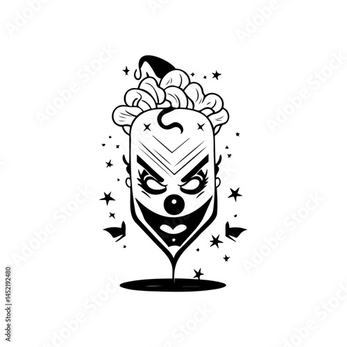Stylized monochrome clown portrait evokes dark humor, horror themes, and vintage circus
