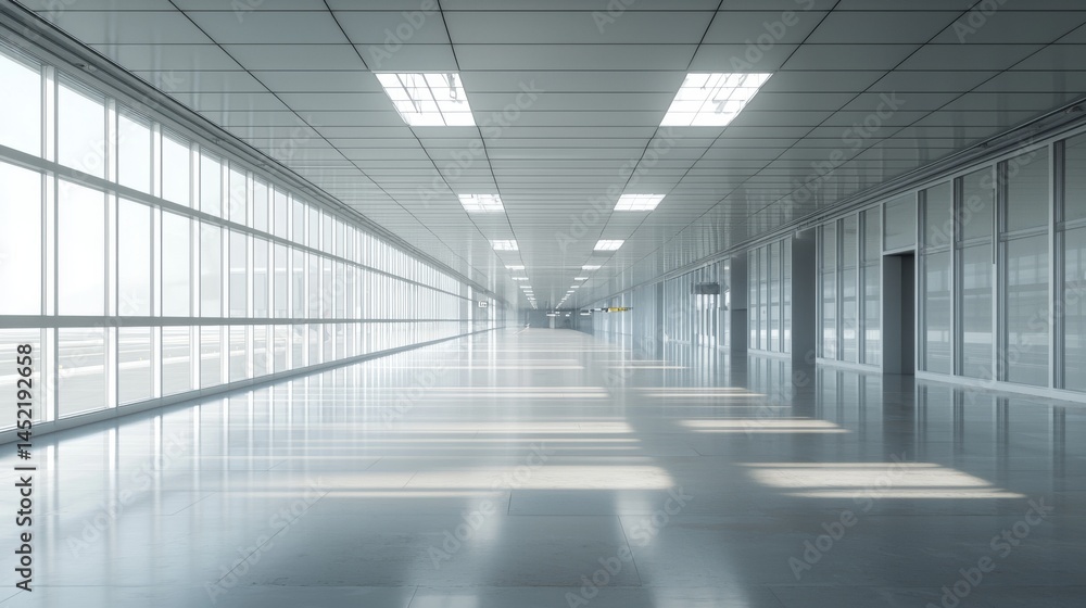 A modern, spacious corridor with smooth floors and large windows, showcasing minimalism. A modern, spacious corridor with smooth floors and large windows, showcasing minimalism.