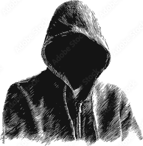 Faceless person in a hoodie drawn in black and white sketch style. Vector illustration.