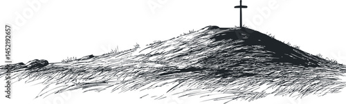 Cross on a grassy hill with a sense of solitude in a black and white sketch. Vector illustration.
