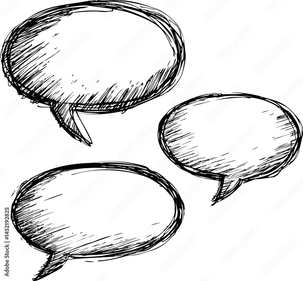 Hand-drawn sketch of three empty speech bubbles in black and white illustration. Vector illustration. Hand-drawn sketch of three empty speech bubbles in black and white illustration. Vector illustration.
